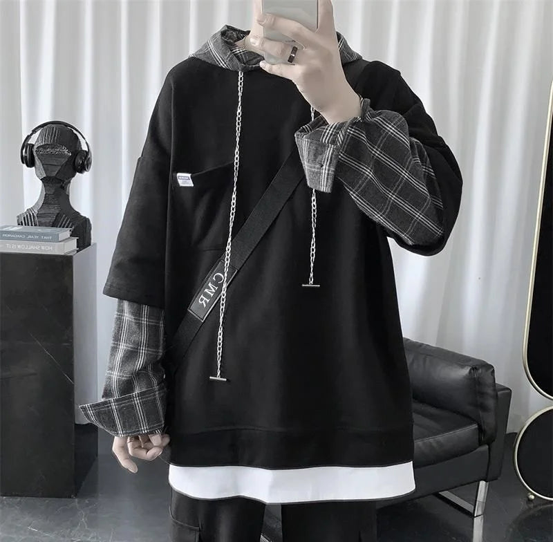 Bonsir Hooded sweater men's autumn Korean fashion versatile top loose fake two striped hip hop handsome coat