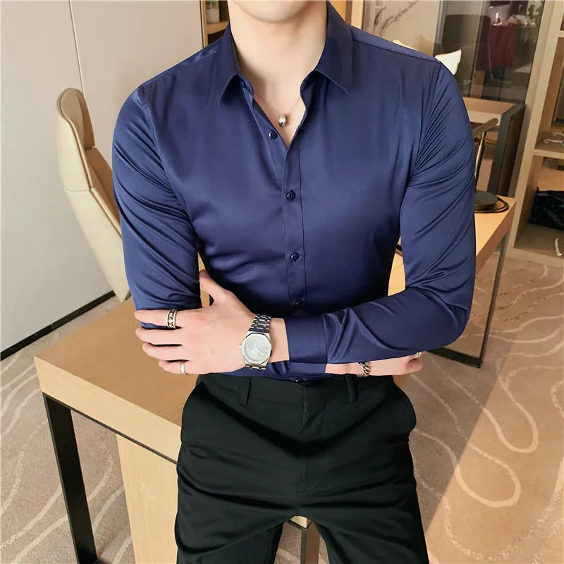 Bonsir Plus Size S-7XL High Quality Men Dress Shirt 2024 Autumn Long Sleeve Solid Business Slim Shirts Homme Dress Social Casual Shirt