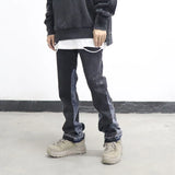 Bonsir High Street Washed Color Match Frayed Micro-flared Jeans Mens Straight Spliced Retro Loose Casual Denim Pants Hip Hop Trousers