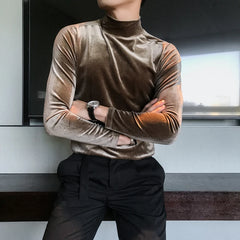 Bonsir Autumn Winter Mens Half High Collar Long Sleeve T Shirts High Quality Velvet Stretched Slim Fit Solid Color T-Shirts Homme