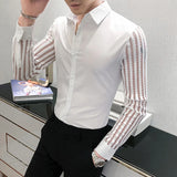 Bonsir New Men Lace Perspective Shirt Party Prom Hollow Lace Patchwork Long Sleeve Tuxedo Shirt Nightclub Casual Social Shirt