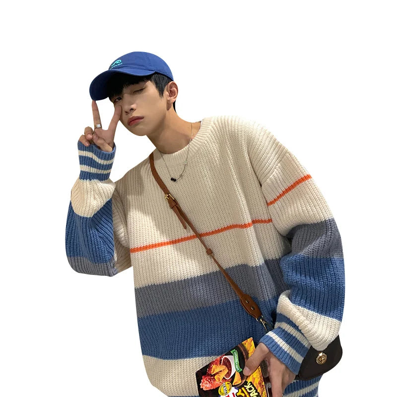 Bonsir Striped sweater men's autumn and winter fashion brand loose color matching sweater coat versatile lazy wind thickened round neck