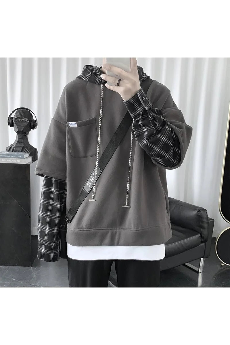 Bonsir Hooded sweater men's autumn Korean fashion versatile top loose fake two striped hip hop handsome coat