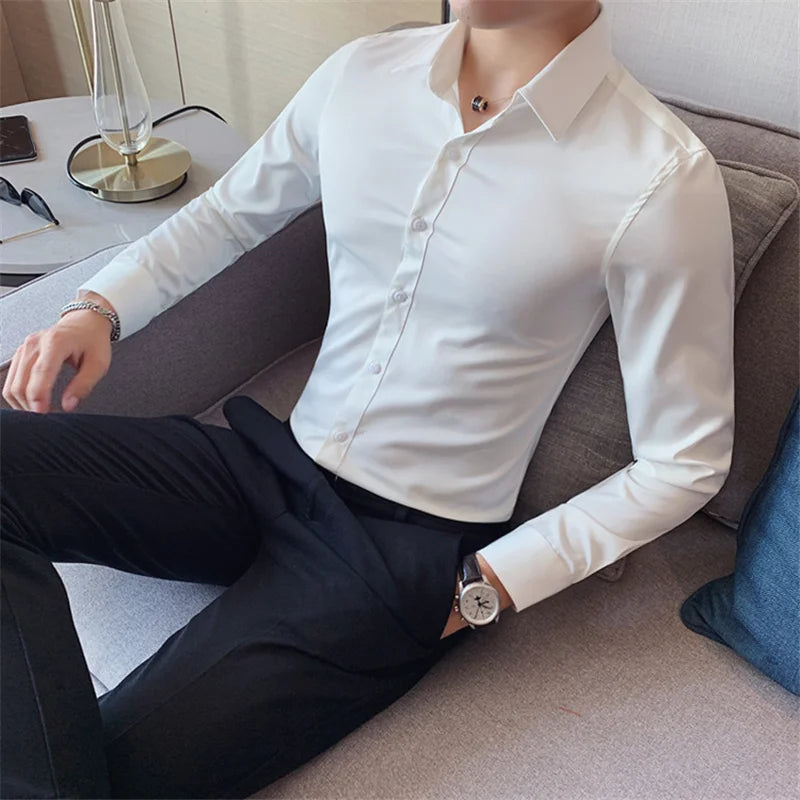 Bonsir 10 Colors High Quality Men Dress Shirt 2021 Autumn Long Sleeve Solid Business Slim Fit Shirts Homme Dress Social Casual Shirt