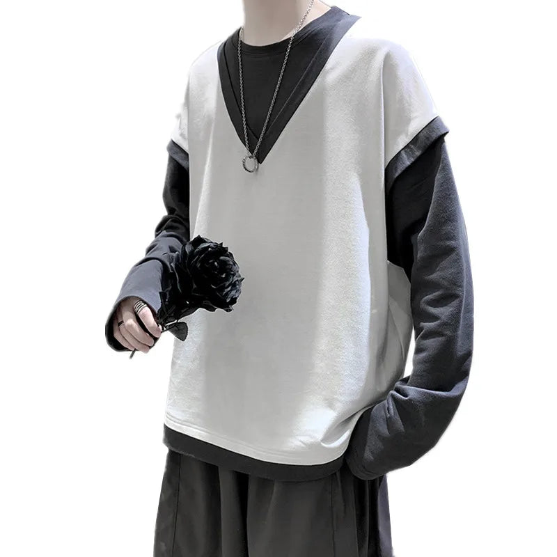 Bonsir Fake two long sleeved t-shirt men's autumn black and white contrast color sweater youth trend men's loose casual large coat