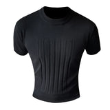 Bonsir British style Summer Solid Short Sleeve Knitted T-shirt Men Fashion O-Neck Stripe Slim Fit Tee High Quality Men Clothing 6Colors