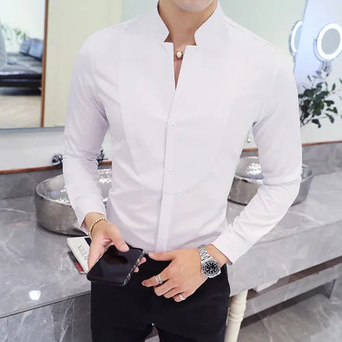 Bonsir Autumn New High Quality Solid Dress Shirt Men Long Sleeve Stand Collar Casual Shirt Men Black White Social Casual Business Shirt