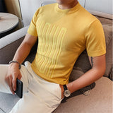 Bonsir British style Summer Solid Short Sleeve Knitted T-shirt Men Fashion O-Neck Stripe Slim Fit Tee High Quality Men Clothing 6Colors