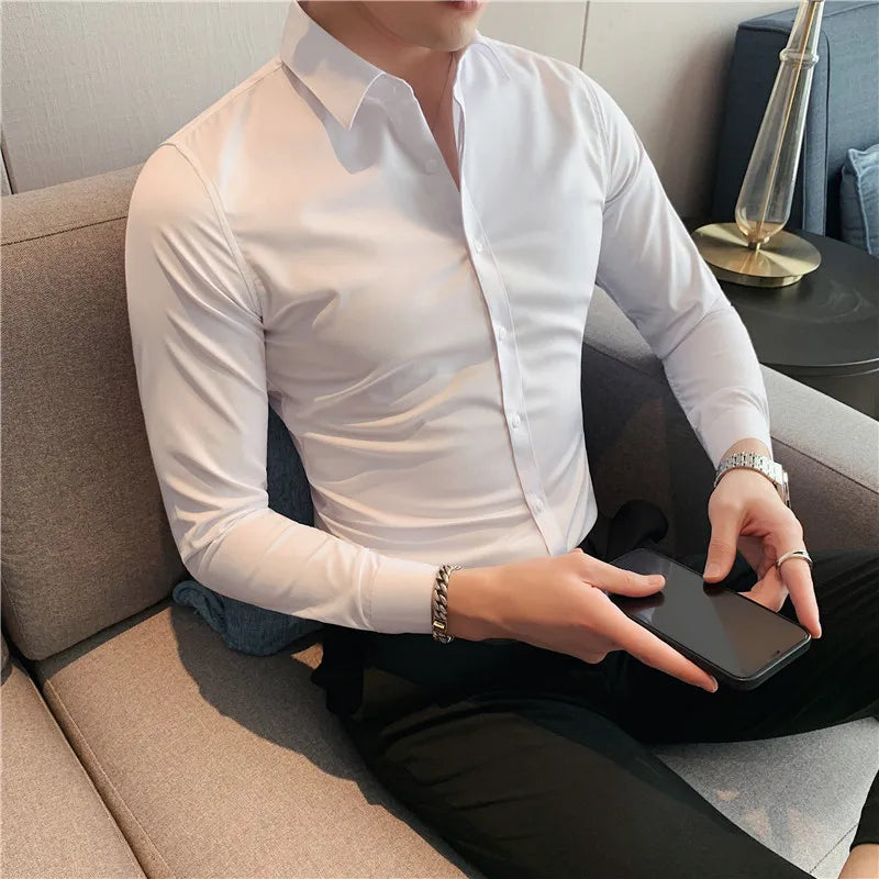 Bonsir Plus Size S-7XL High Quality Men Dress Shirt 2024 Autumn Long Sleeve Solid Business Slim Shirts Homme Dress Social Casual Shirt