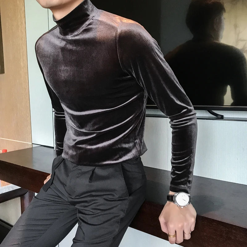 Bonsir Autumn Winter Mens Half High Collar Long Sleeve T Shirts High Quality Velvet Stretched Slim Fit Solid Color T-Shirts Homme