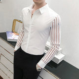 Bonsir New Men Lace Perspective Shirt Party Prom Hollow Lace Patchwork Long Sleeve Tuxedo Shirt Nightclub Casual Social Shirt