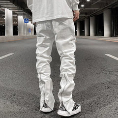 Bonsir Harajuku Back Zipper Hole Ripped White Jeans Pants Mens Straight Washed Retro Oversized Streetwear Casual Denim Trousers