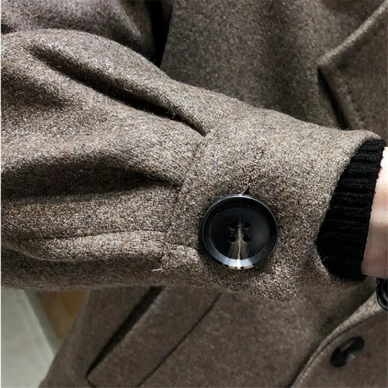 Bonsir Men Windbreaker Autumn Winter Thickened Wool Blend Trench Jackets Coats Short Loose Korean Mens Double-Breasted Tweed Coat