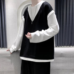 Bonsir Fake two long sleeved t-shirt men's autumn black and white contrast color sweater youth trend men's loose casual large coat