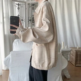 Bonsir New Men's Jacket Oversize Plaid Coat Single Breasted Turn-down Collar Vintage Checkered Windbreaker Clothing Tops Man Khaki