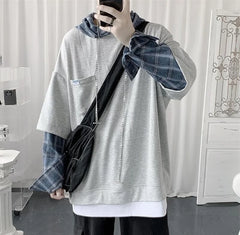 Bonsir Hooded sweater men's autumn Korean fashion versatile top loose fake two striped hip hop handsome coat