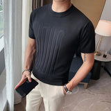 Bonsir British style Summer Solid Short Sleeve Knitted T-shirt Men Fashion O-Neck Stripe Slim Fit Tee High Quality Men Clothing 6Colors