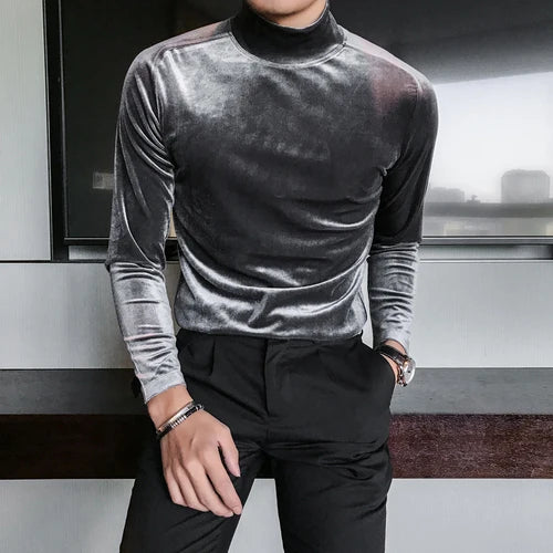 Bonsir Autumn Winter Mens Half High Collar Long Sleeve T Shirts High Quality Velvet Stretched Slim Fit Solid Color T-Shirts Homme