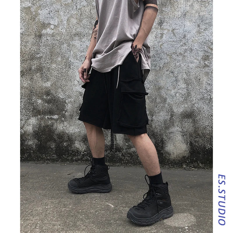 Bonsir Ins summer fashion brand Harajuku style dark black shorts trend loose solid color versatile tooling straight pants