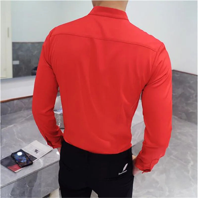 Bonsir Autumn New High Quality Solid Dress Shirt Men Long Sleeve Stand Collar Casual Shirt Men Black White Social Casual Business Shirt