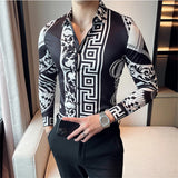 Bonsir Luxury Printed Men Shirt Autumn Fashion Long Sleeve Slim Fit Business Dress Shirt Social Party Nightclub Streetwear
