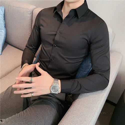 Bonsir Plus Size S-7XL High Quality Men Dress Shirt 2024 Autumn Long Sleeve Solid Business Slim Shirts Homme Dress Social Casual Shirt