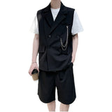 Bonsir Summer personalized metal chain decoration Korean fashion men's double breasted vest suit hairdresser's two-piece suit fashion
