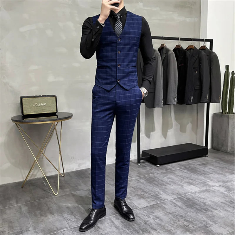 Bonsir (Jackets +Pants+Vest) Luxury Men Groom Wedding Tuxedo Fashion Plaid Business Suits High Quality Casual Business Suit Three-piece