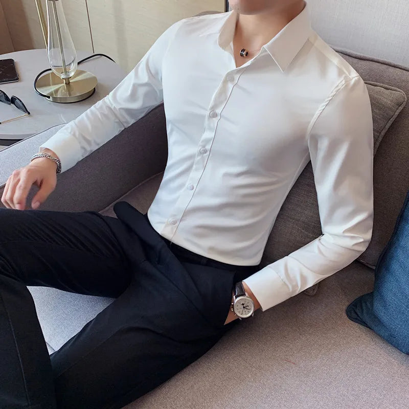 Bonsir Autumn High Quality Solid Dress Shirt Men Long Sleeve Fashion Slim Men Social Casual Business Shirt Black White Dress Shirt