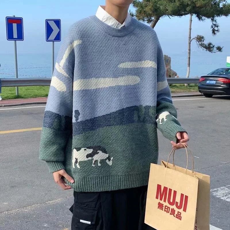 Bonsir Men Cows Vintage Winter Sweaters Pullover Mens O-Neck Korean Fashions Sweater Women Casual Harajuku Clothes