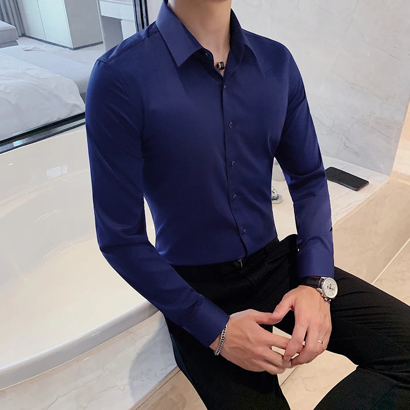 Bonsir Autumn High Quality Solid Dress Shirt Men Long Sleeve Fashion Slim Men Social Casual Business Shirt Black White Dress Shirt