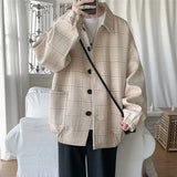 Bonsir New Men's Jacket Oversize Plaid Coat Single Breasted Turn-down Collar Vintage Checkered Windbreaker Clothing Tops Man Khaki