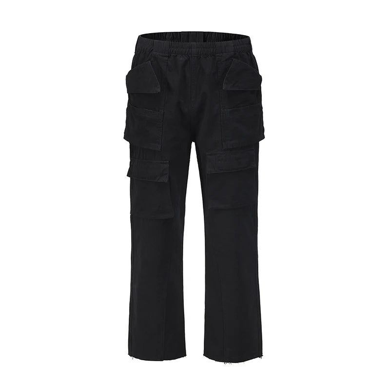 Bonsir Harajuku Multi-pockets Straight Flare Pants Mens High Street Elastic Waist Solid Loose Casual Cargo Pants Hip Hop Baggy Trousers