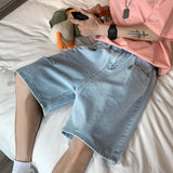 Bonsir Summer Men's Ripped Hole Jeans Shorts Blue Casual Knee-length Denim Short Pants Cotton Washed Classic Bermuda Shorts Male