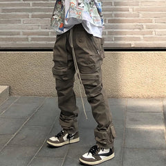 Bonsir High Street Multi-pocket Drawstring Overalls Mens Straight Vibe Style Oversize Casual Cargo Pants Hip Hop Loose Baggy Trousers