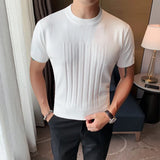 Bonsir British style Summer Solid Short Sleeve Knitted T-shirt Men Fashion O-Neck Stripe Slim Fit Tee High Quality Men Clothing 6Colors