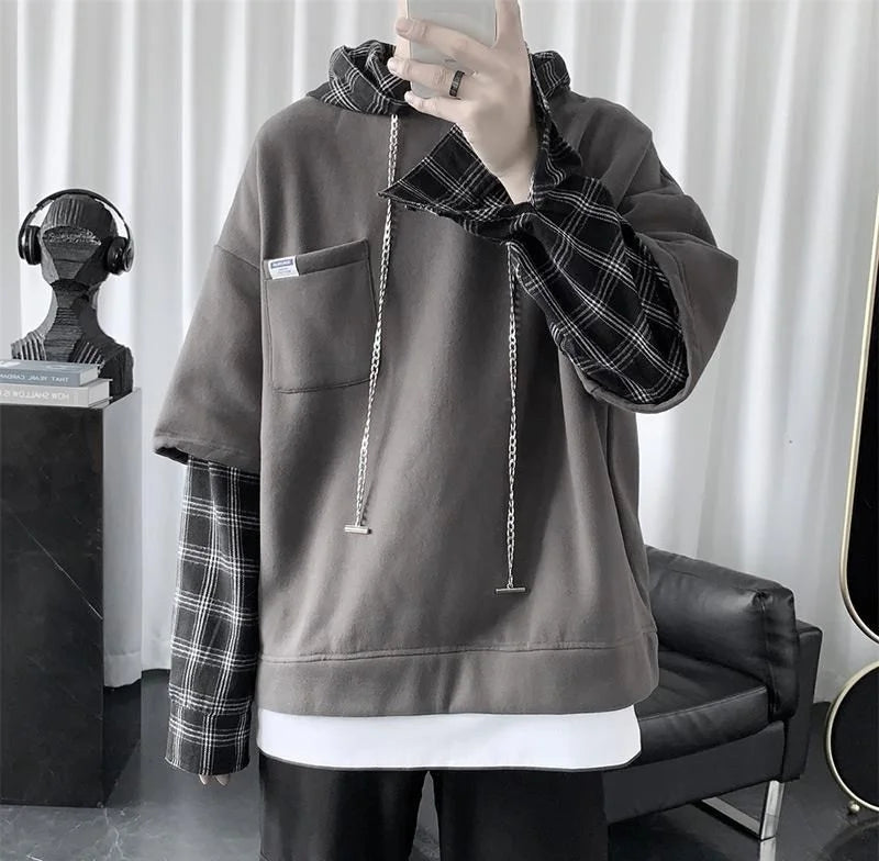 Bonsir Hooded sweater men's autumn Korean fashion versatile top loose fake two striped hip hop handsome coat