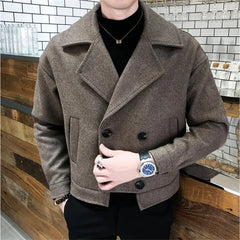 Bonsir Men Windbreaker Autumn Winter Thickened Wool Blend Trench Jackets Coats Short Loose Korean Mens Double-Breasted Tweed Coat