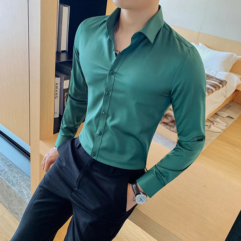 Bonsir Autumn High Quality Solid Dress Shirt Men Long Sleeve Fashion Slim Men Social Casual Business Shirt Black White Dress Shirt