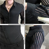 Bonsir New Men Lace Perspective Shirt Party Prom Hollow Lace Patchwork Long Sleeve Tuxedo Shirt Nightclub Casual Social Shirt
