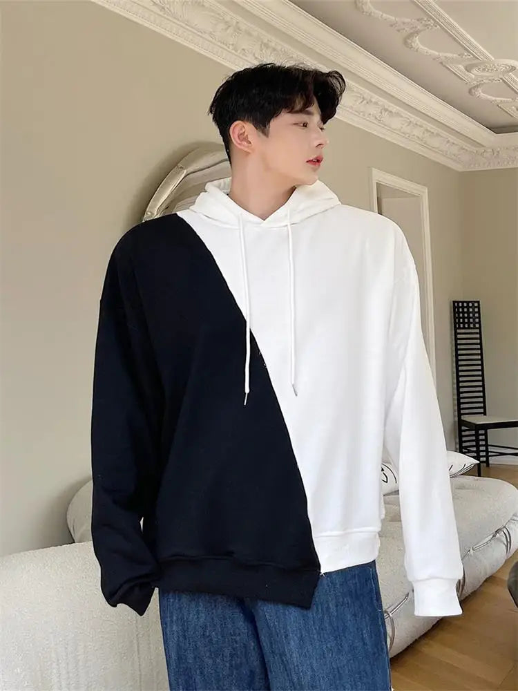 Bonsir Autumn men's black and white contrast color Pullover Hooded Sweater Korean youth high street hip hop loose casual coat trend