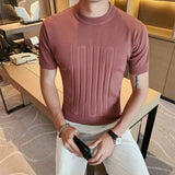 Bonsir British style Summer Solid Short Sleeve Knitted T-shirt Men Fashion O-Neck Stripe Slim Fit Tee High Quality Men Clothing 6Colors