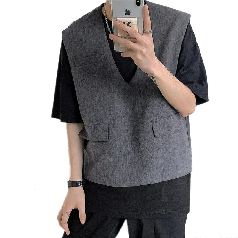 Bonsir Korean fashion versatile men's loose lazy V-neck Pullover vest couple neutral vest trendy men's coat