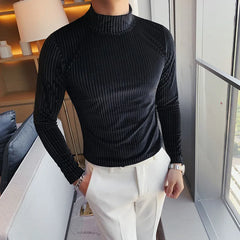 Bonsir Autumn Winter Half Turtleneck Velour Under T Shirt Men Long Sleeve Casual Stripe Slim Fit Tops Tees Men Fashion Social T Shirt