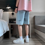 Bonsir Summer Men's Ripped Hole Jeans Shorts Blue Casual Knee-length Denim Short Pants Cotton Washed Classic Bermuda Shorts Male