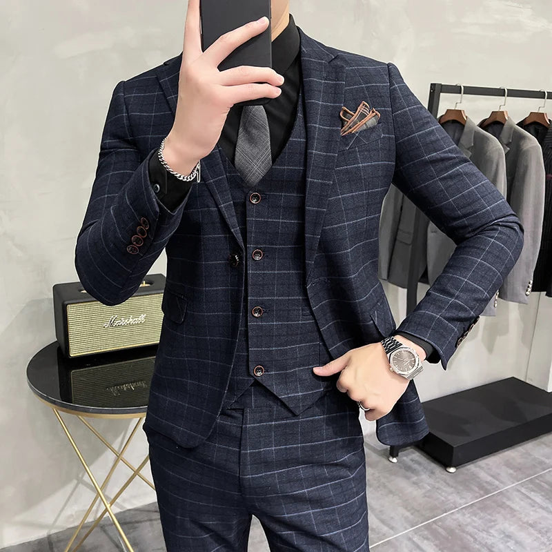 Bonsir (Jackets +Pants+Vest) Luxury Men Groom Wedding Tuxedo Fashion Plaid Business Suits High Quality Casual Business Suit Three-piece