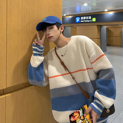 Bonsir Striped sweater men's autumn and winter fashion brand loose color matching sweater coat versatile lazy wind thickened round neck