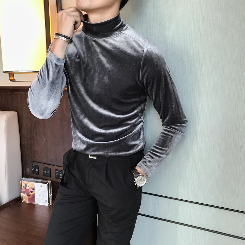 Bonsir Autumn Winter Mens Half High Collar Long Sleeve T Shirts High Quality Velvet Stretched Slim Fit Solid Color T-Shirts Homme