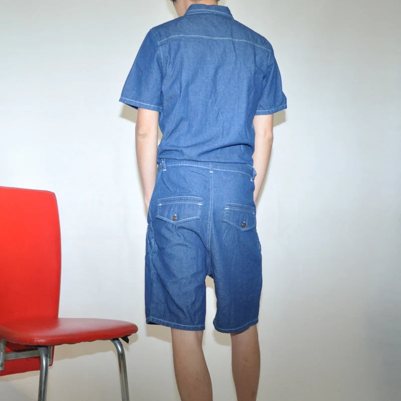 Bonsir Denim jumpsuit summer tide male jumpsuit short sleeve suit Korean fashion Slim original casual personality