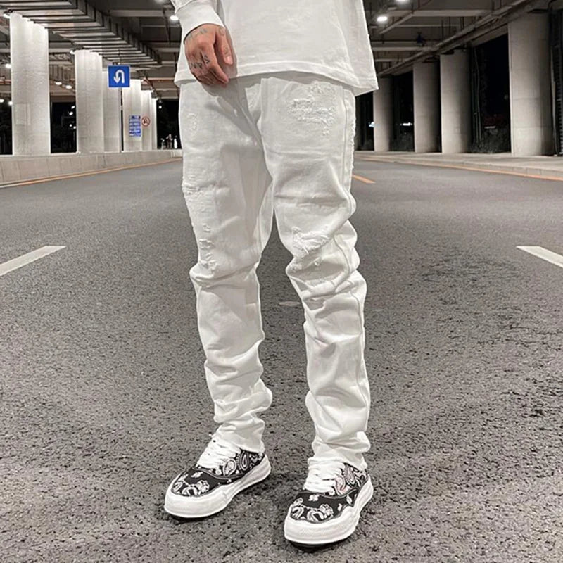 Bonsir Harajuku Back Zipper Hole Ripped White Jeans Pants Mens Straight Washed Retro Oversized Streetwear Casual Denim Trousers